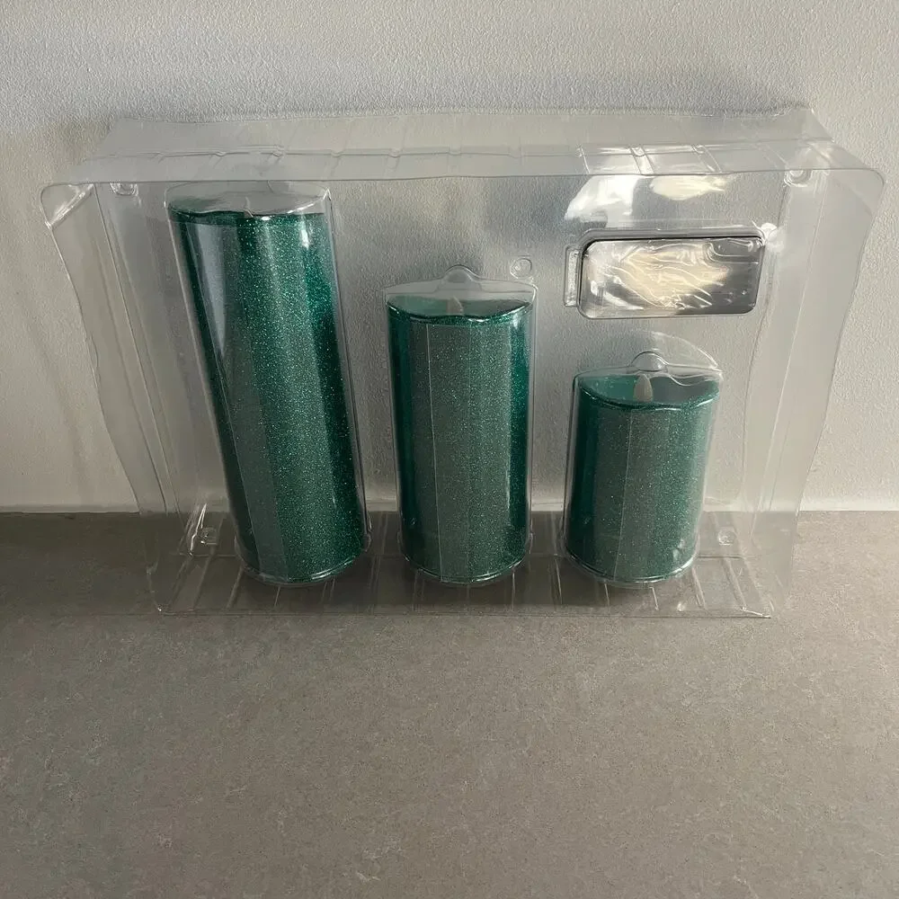 Luminara Set of 3 Emerald Green Glitter Pillars w/Remote NEW